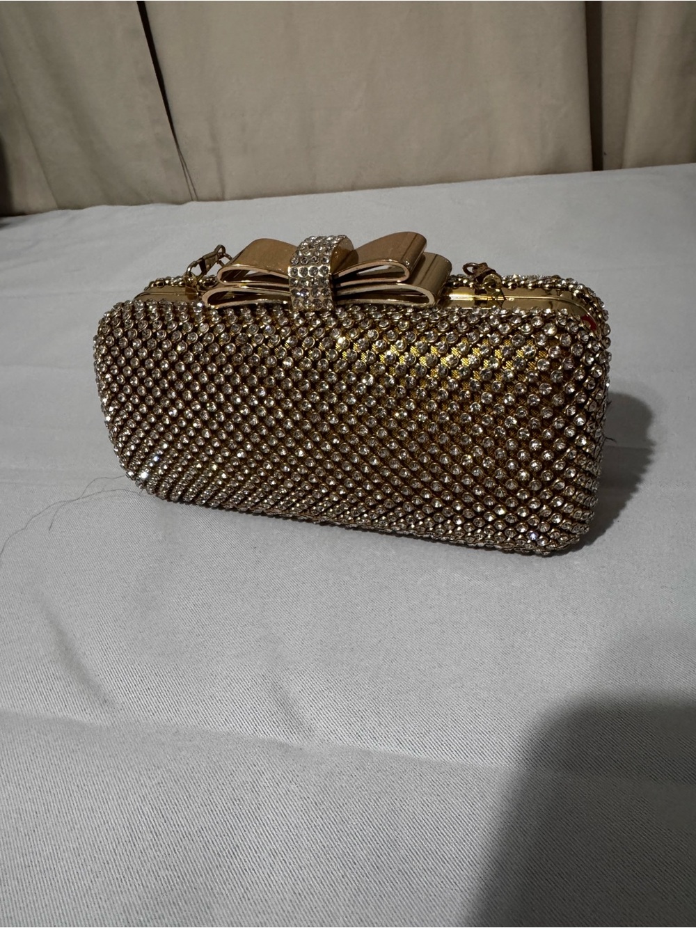 Gold Crystal Bow Evening Clutch with Chain Strap